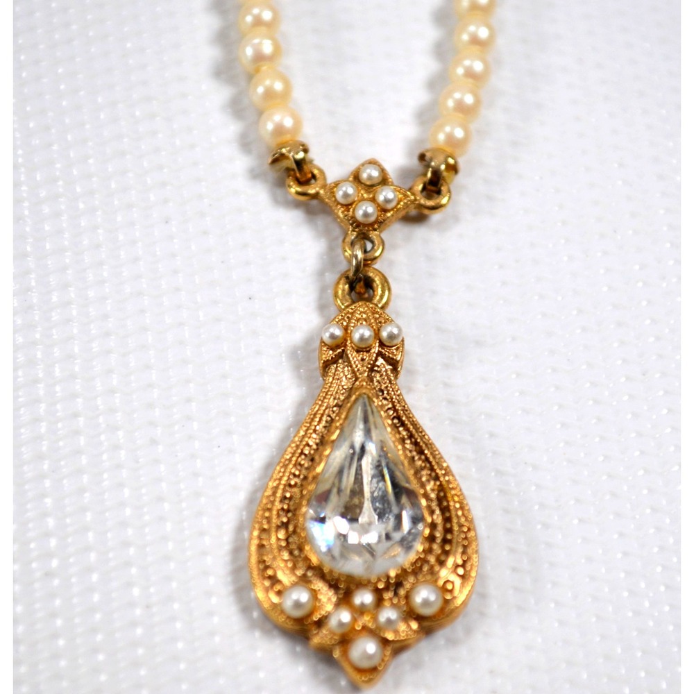 Vtg Signed 1928 Gold Tone Faux Pearl Necklace Drop Teardrop‎ Pendant Rhinestone